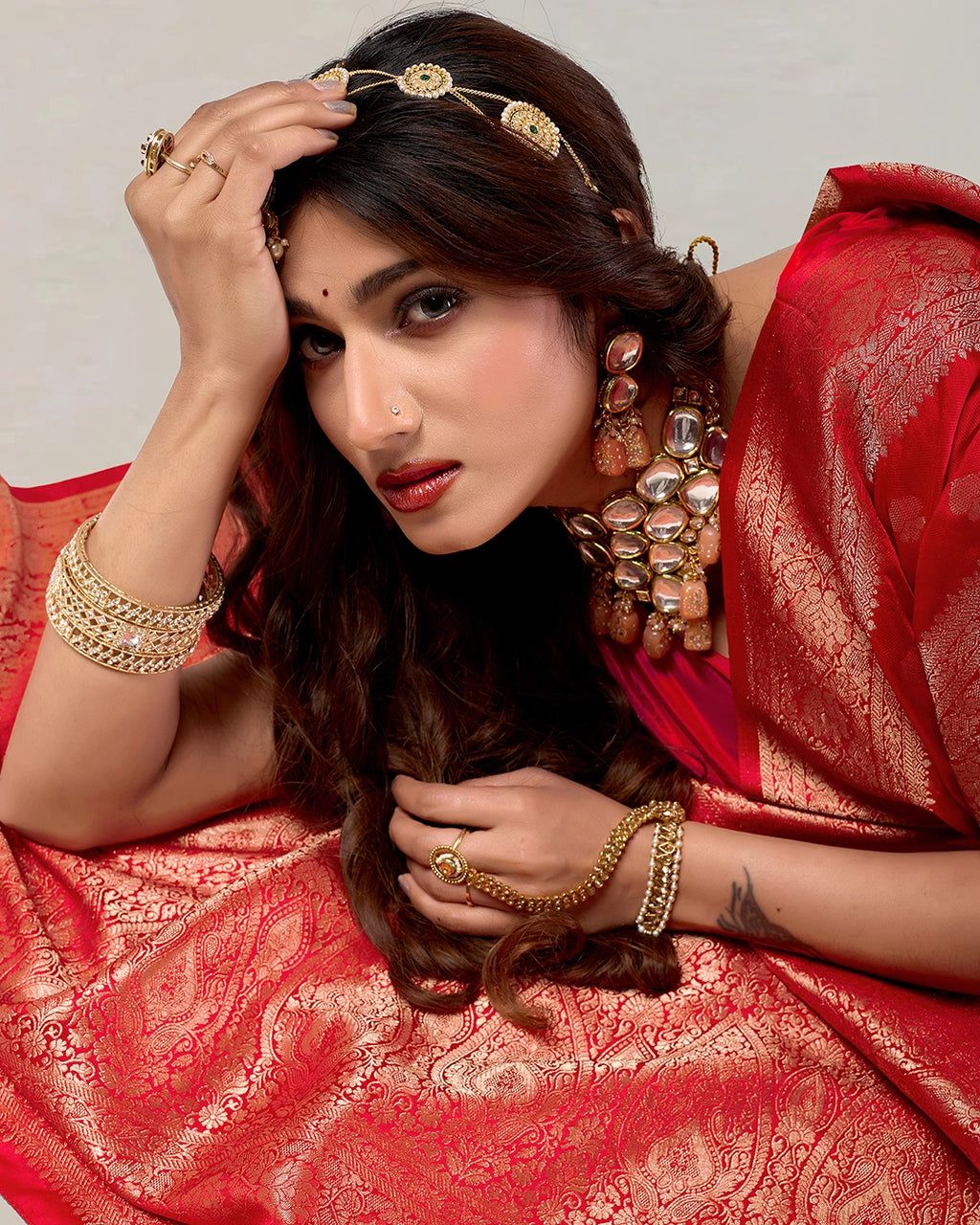 Red Banarasi Silk Saree with Delicate Gold Buti Weaves