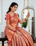 Red Kanjivaram Silk Saree with Floral Vine Weaving and Red Contrast Zari Border