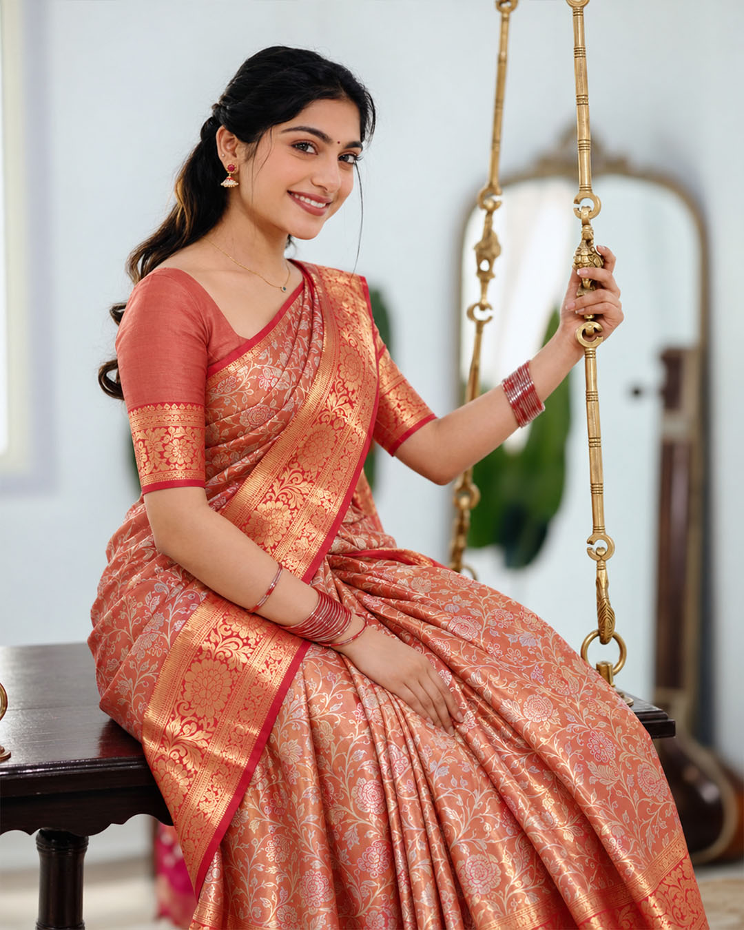 Red Kanjivaram Silk Saree with Floral Vine Weaving and Red Contrast Zari Border