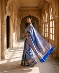 Blue Kanjivaram Silk Saree with Artistic Paisley Zari Border