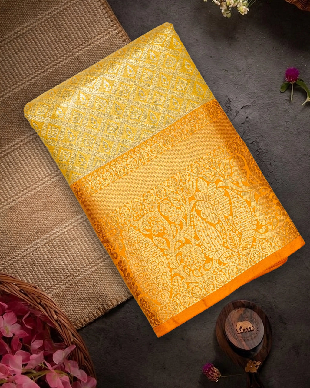 Yellow Kanjivaram Silk Saree with Diamond Weave and Rich Border