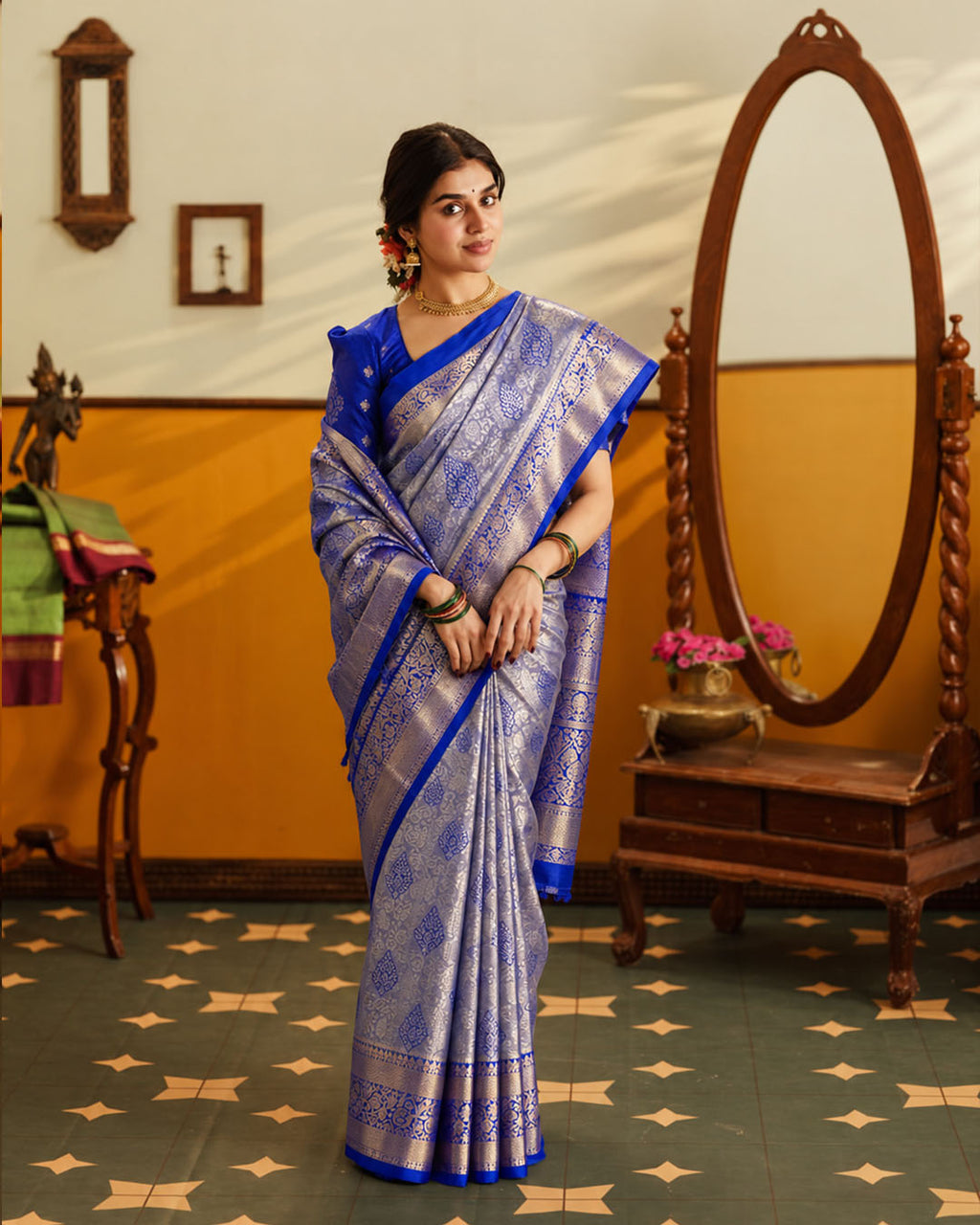 Blue Kanjivaram Silk Saree with Floral Buta Vine Jaal Weaves