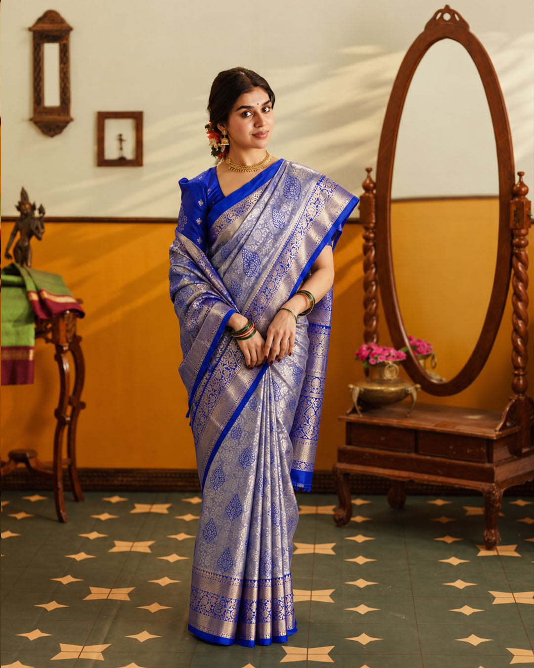 Blue Kanjivaram Silk Saree with Floral Buta Vine Jaal Weaves
