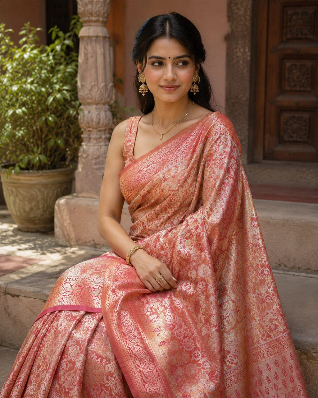 Soft Peach Kanjivaram Silk Saree with Floral Weaving and Paisley Accents