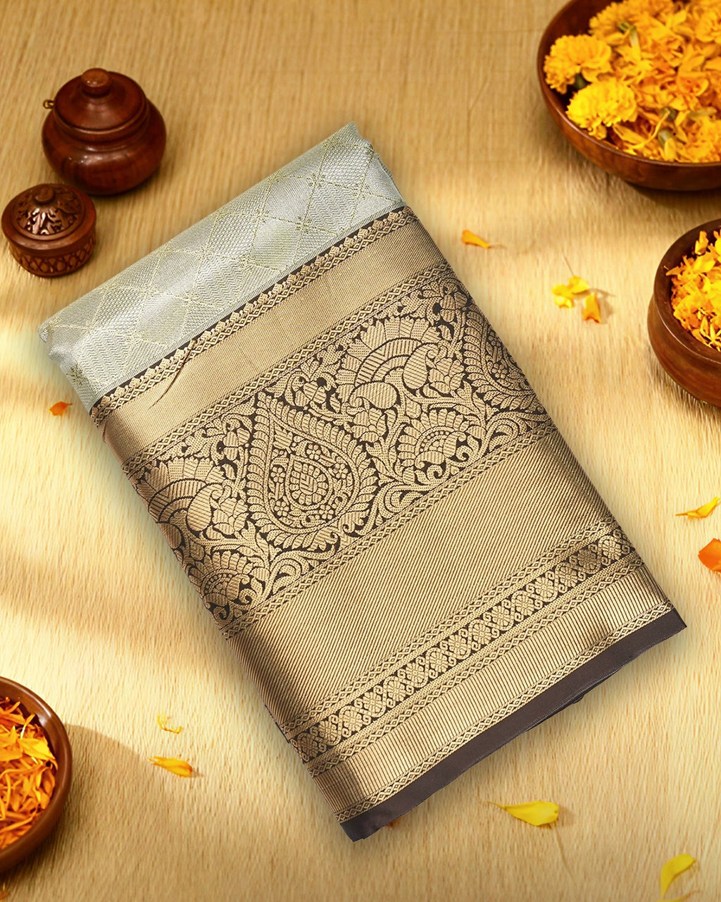 Silver Grey Kanjivaram Silk Saree with Subtle Checks and Zari Weaves