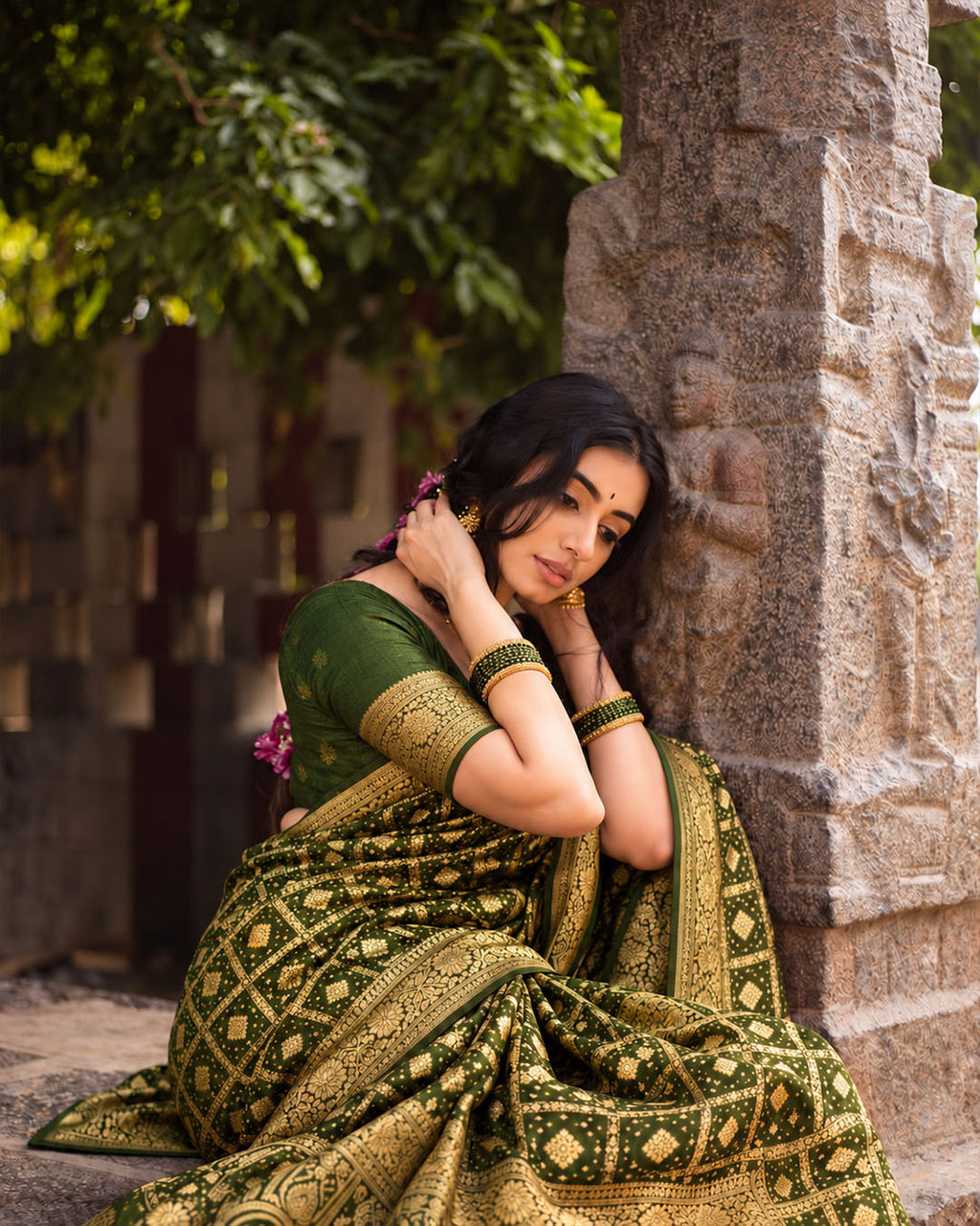 100% Pure Khaddi Georgette Dark Green Saree with Bandhej Weaves