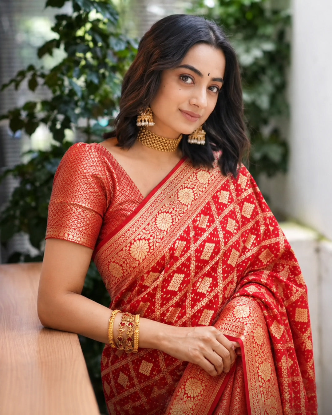 100% Pure Khaddi Georgette Red Saree with Bandhej Weaves