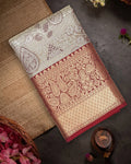 Champagne Beige Kanjivaram Silk Saree with Maroon Border and Floral Weaving