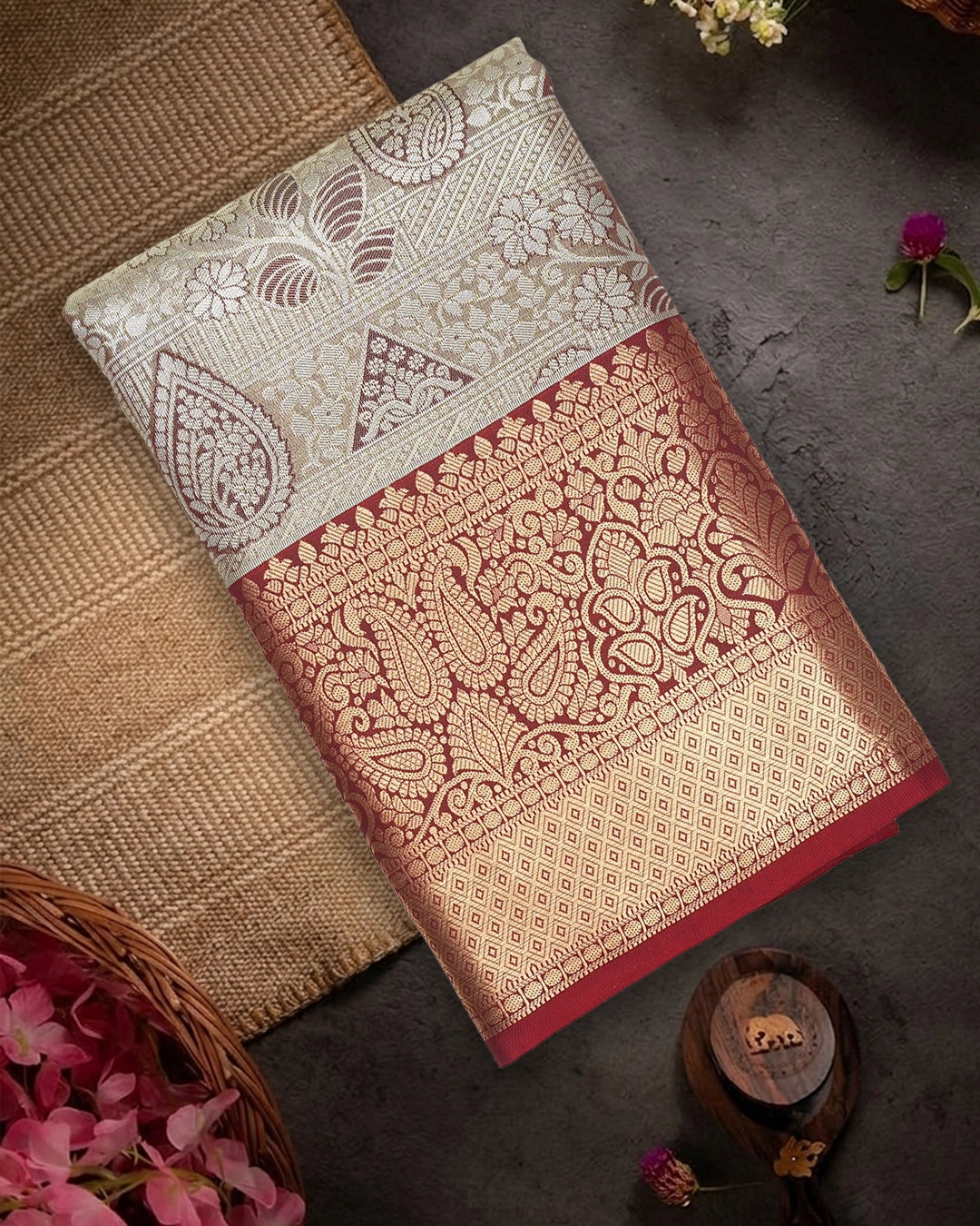 Champagne Beige Kanjivaram Silk Saree with Maroon Border and Floral Weaving