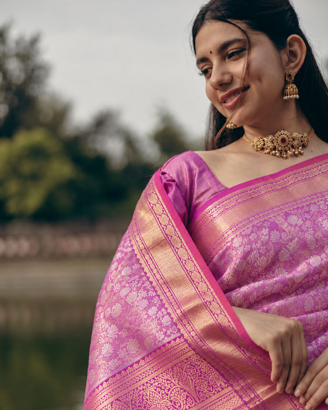 Orchid Pink Kanjivaram Silk Saree with Floral Jaal Weaving