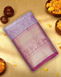 Lilac Kanjivaram Silk Saree with Intricate Floral Zari Motifs and Rich Pallu