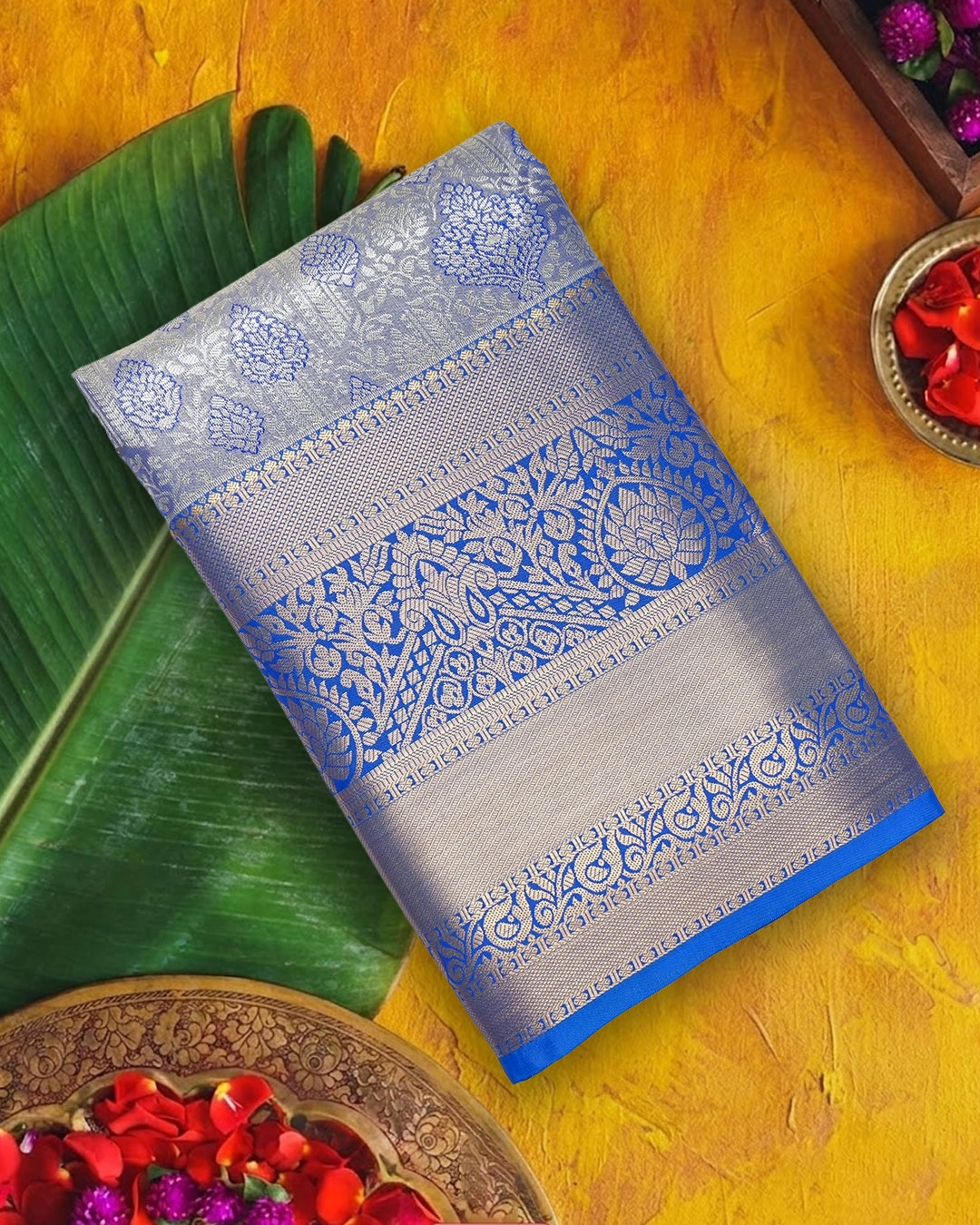 Blue Kanjivaram Silk Saree with Artistic Paisley Zari Border