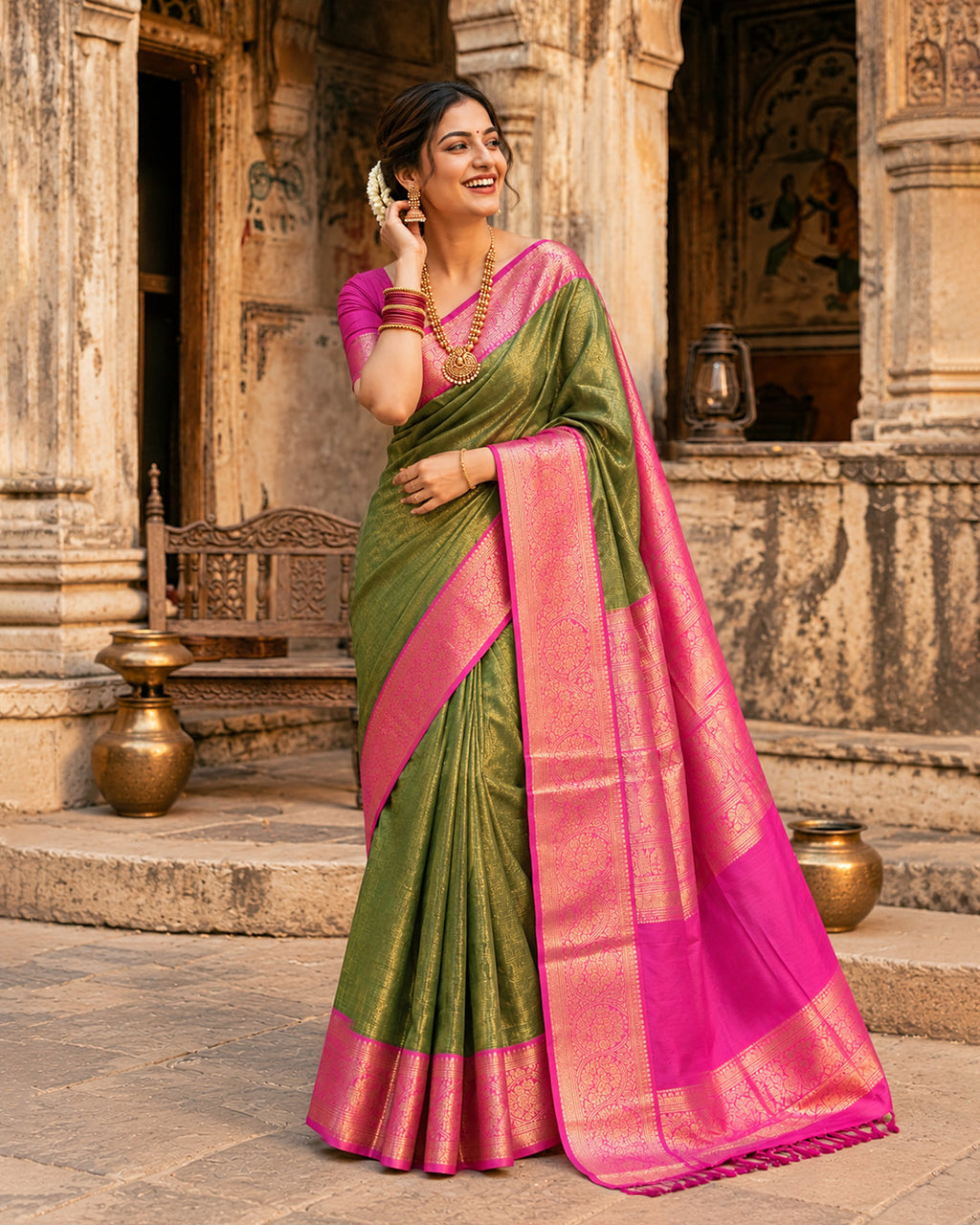 Olive Green Kanjivaram Silk Saree with Floral Jaal Weaving and Pink Border