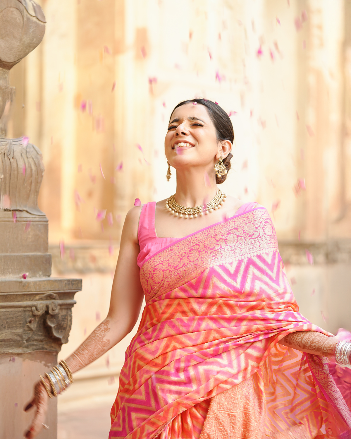 Sadabahaar Pure Chiffon Banarasi Silk Saree in Radiant Sunset Hues with Enchanting Chevron Weaves