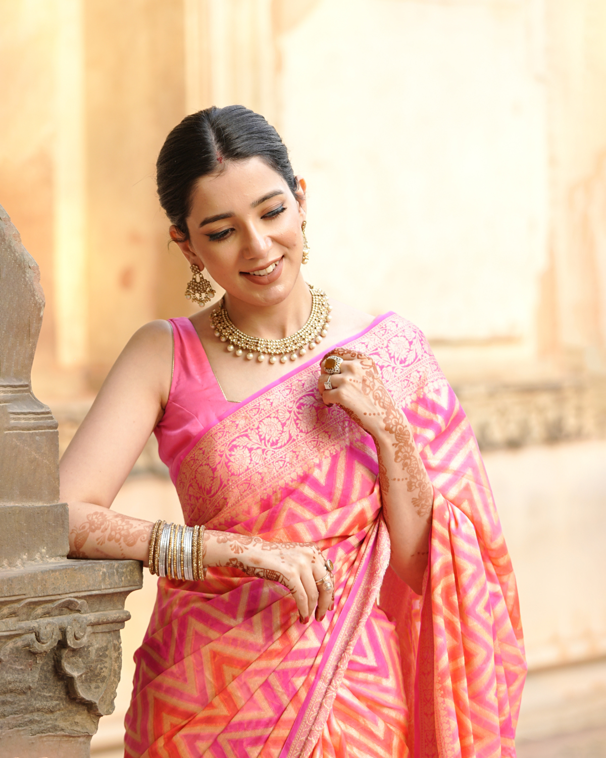 Sadabahaar Pure Chiffon Banarasi Silk Saree in Radiant Sunset Hues with Enchanting Chevron Weaves