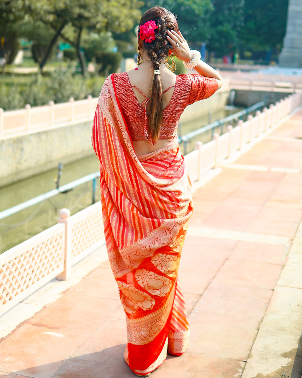 Banarasi-Inspired Pure Chiffon Saree in Fiery Red & Orange