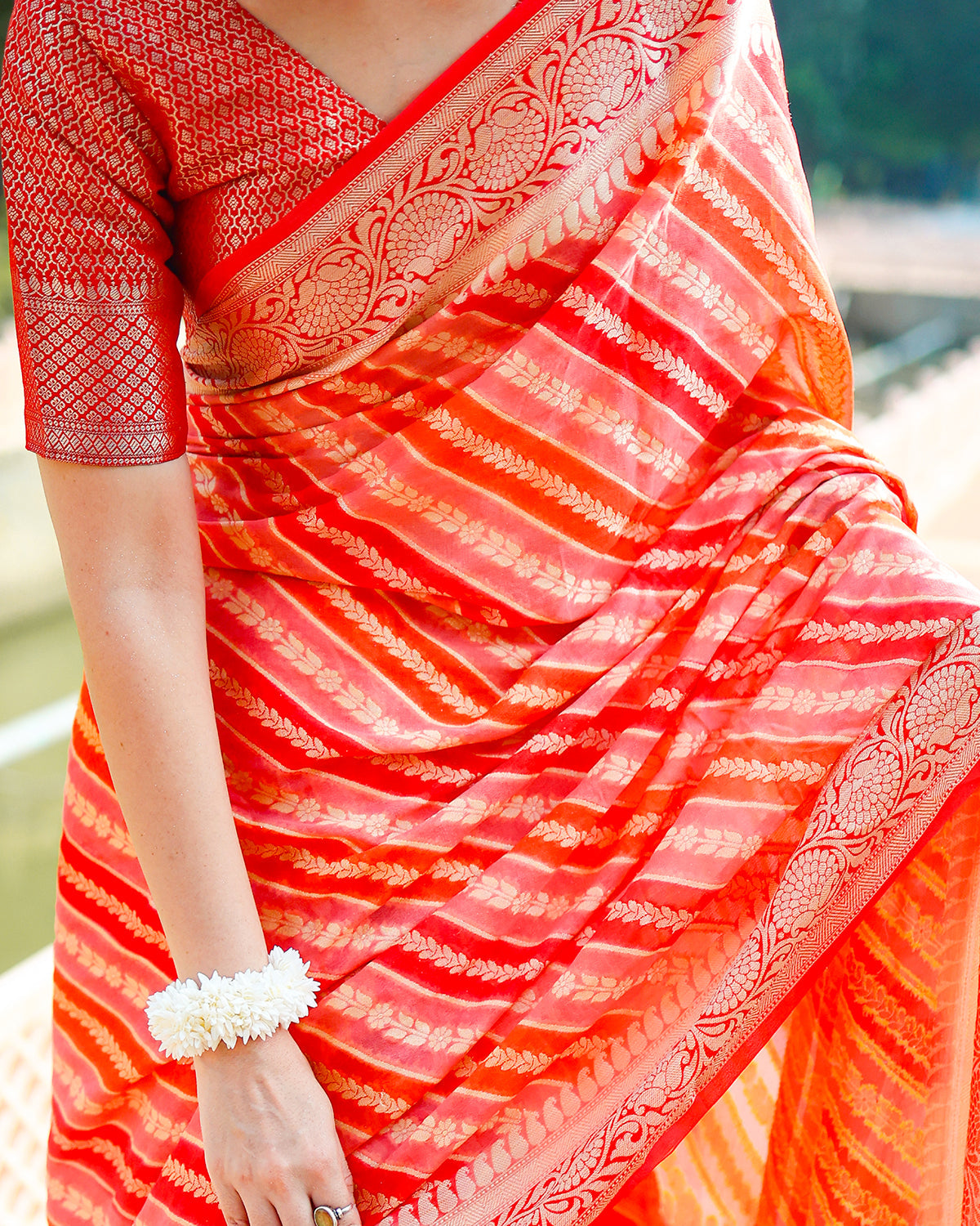 Banarasi-Inspired Pure Chiffon Saree in Fiery Red & Orange