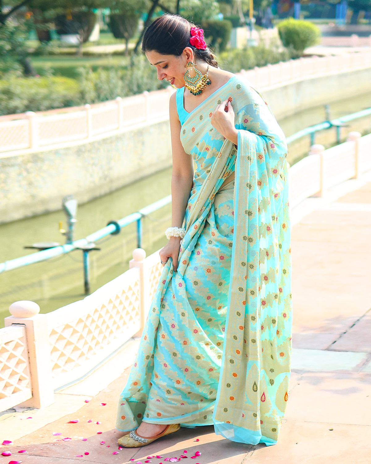 Aqua Blue Pure Chiffon Saree with Floral Buti Work