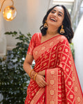 100% Pure Khaddi Georgette Red Saree with Bandhej Weaves