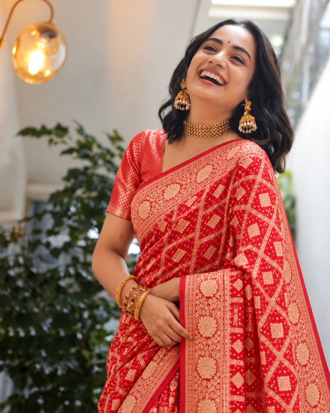 100% Pure Khaddi Georgette Red Saree with Bandhej Weaves
