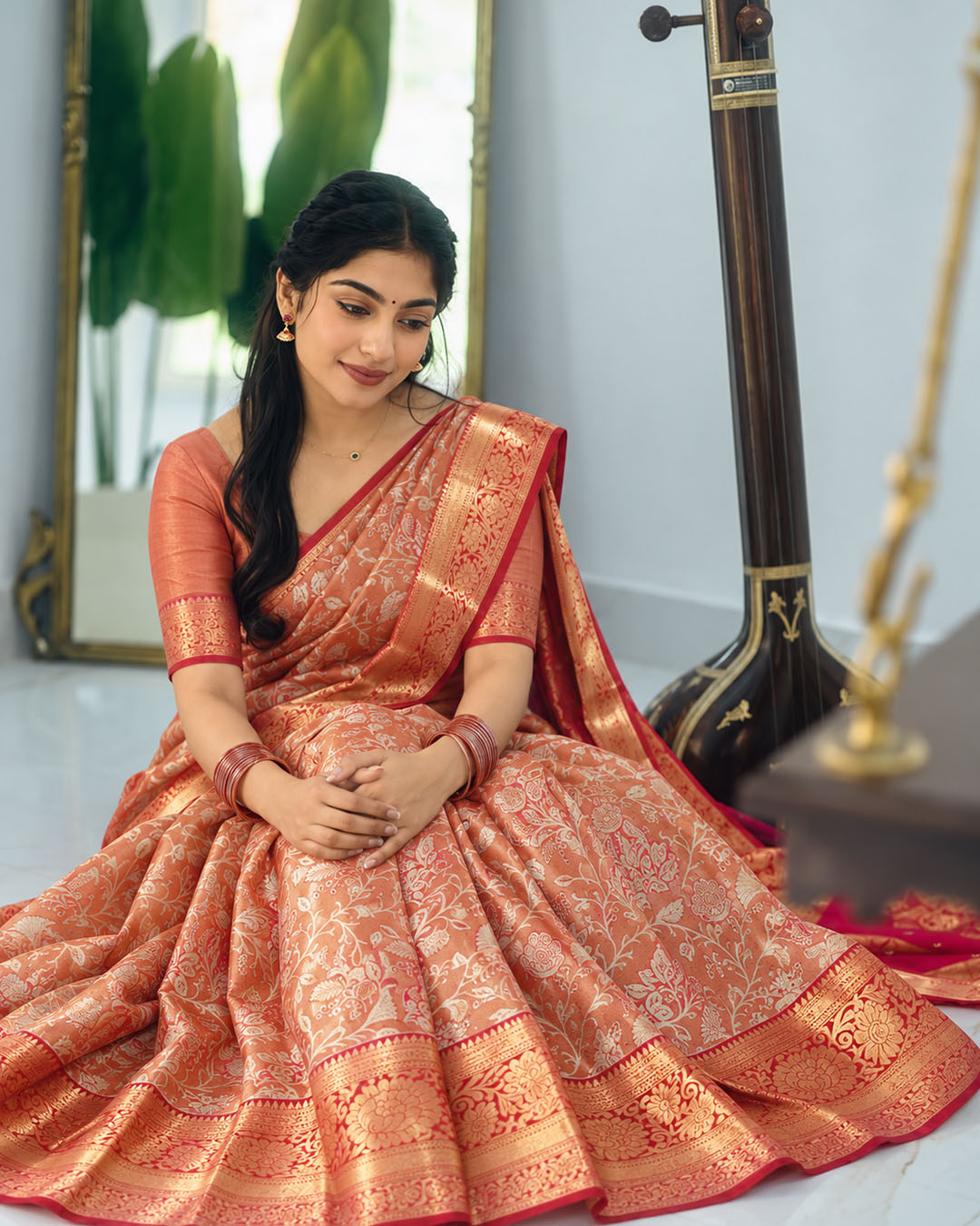 Red Kanjivaram Silk Saree with Floral Vine Weaving and Red Contrast Zari Border