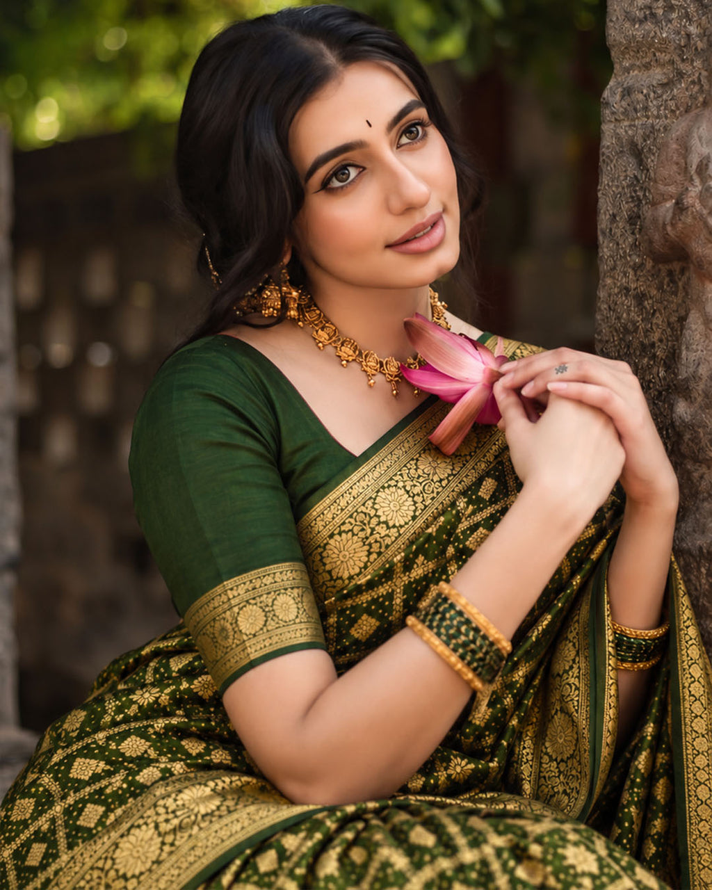 100% Pure Khaddi Georgette Dark Green Saree with Bandhej Weaves