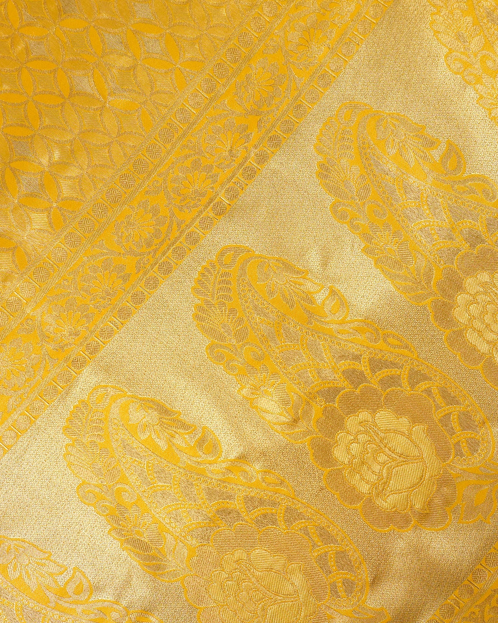 Yellow Kanjivaram Silk Saree with Diamond Weave and Rich Border
