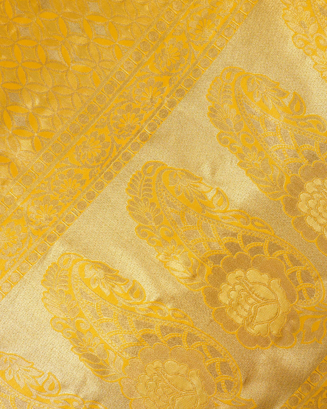 Yellow Kanjivaram Silk Saree with Diamond Weave and Rich Border