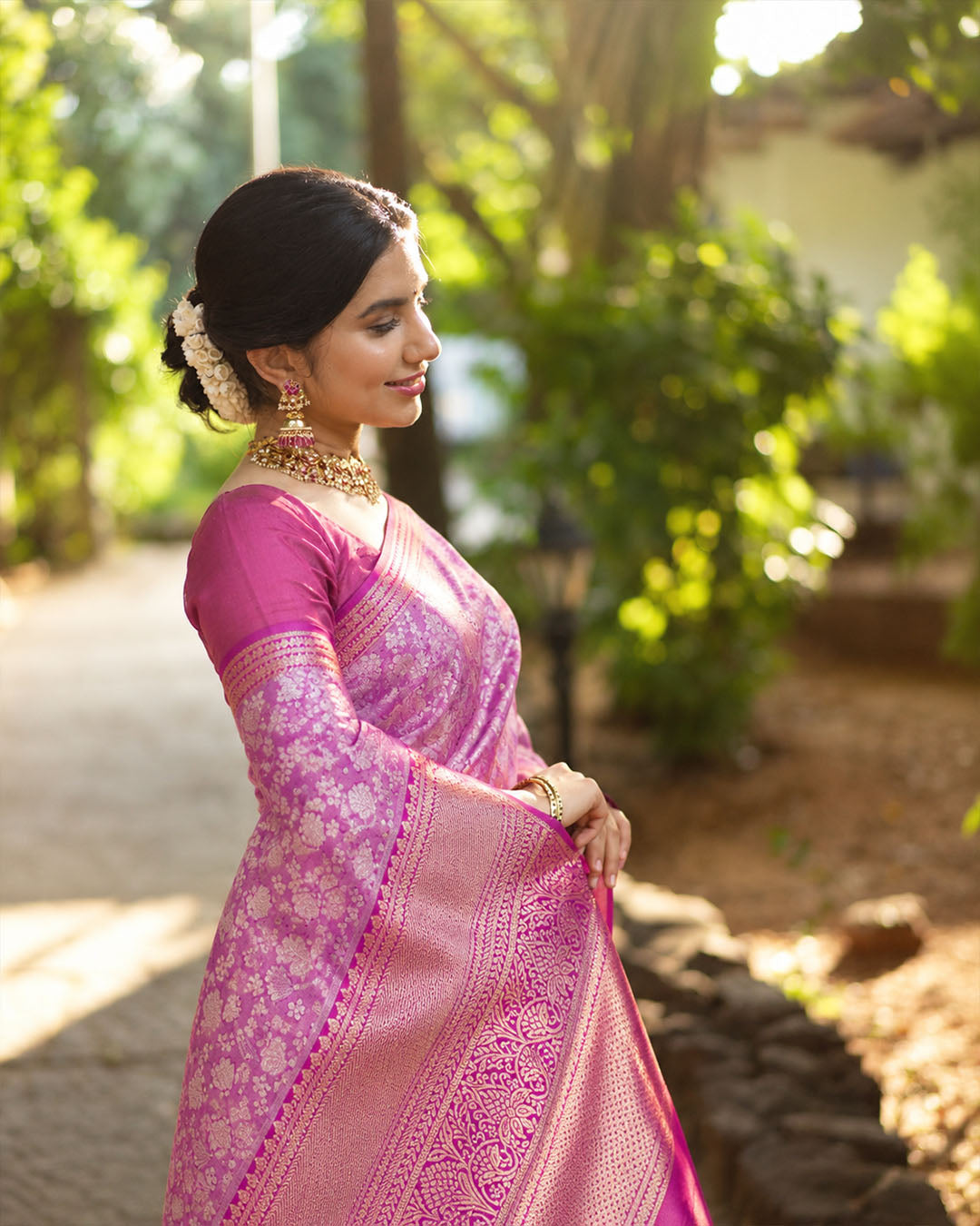 Orchid Pink Kanjivaram Silk Saree with Floral Jaal Weaving