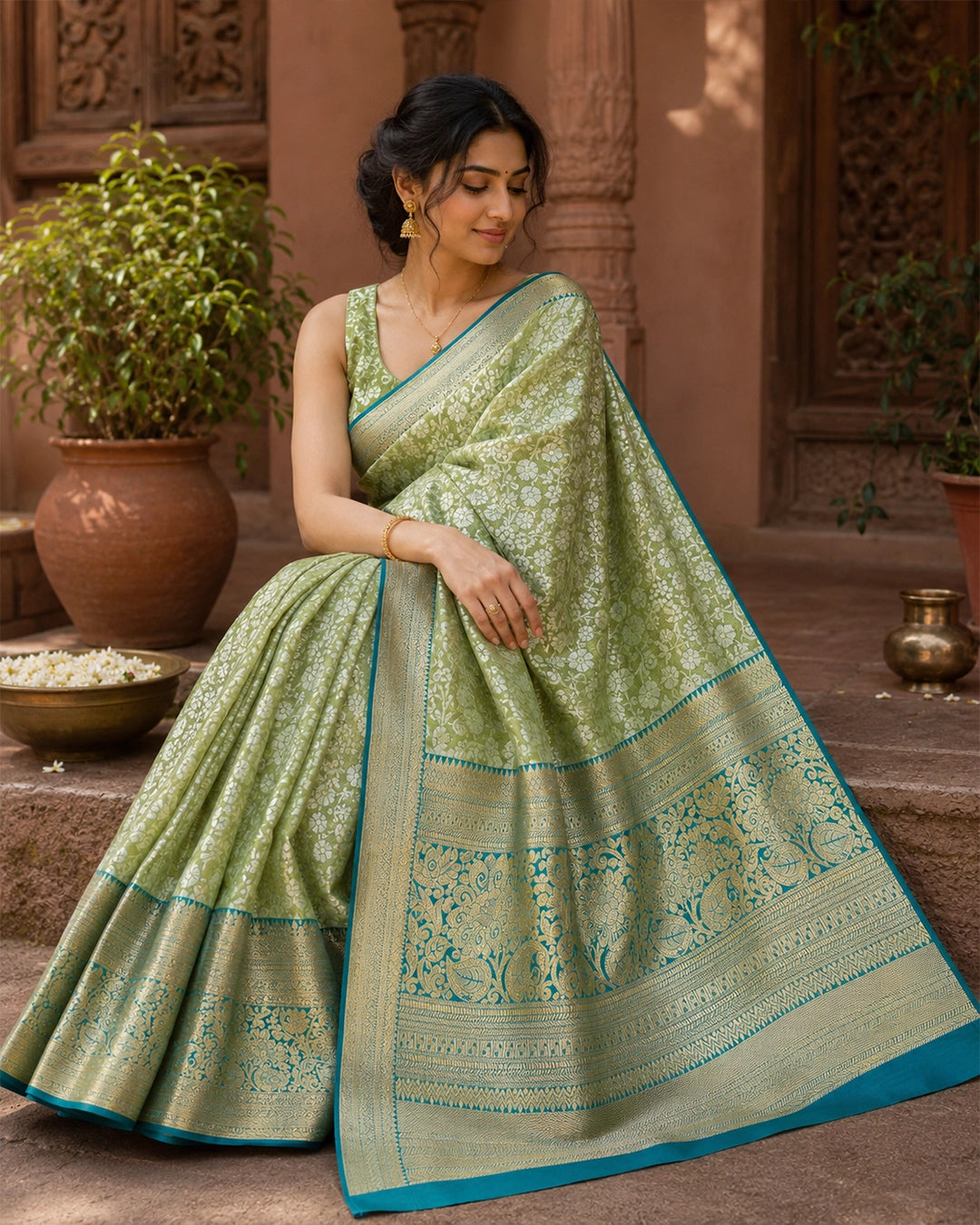 Elegant Green Kanjivaram Silk Saree with Floral Jaal Zari and Contrast Border
