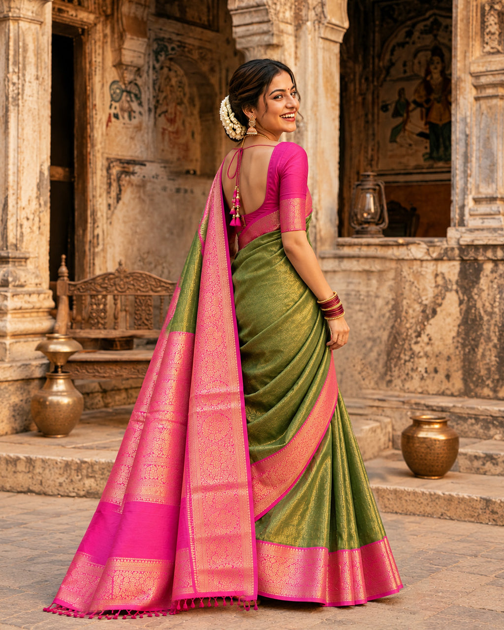 Olive Green Kanjivaram Silk Saree with Floral Jaal Weaving and Pink Border