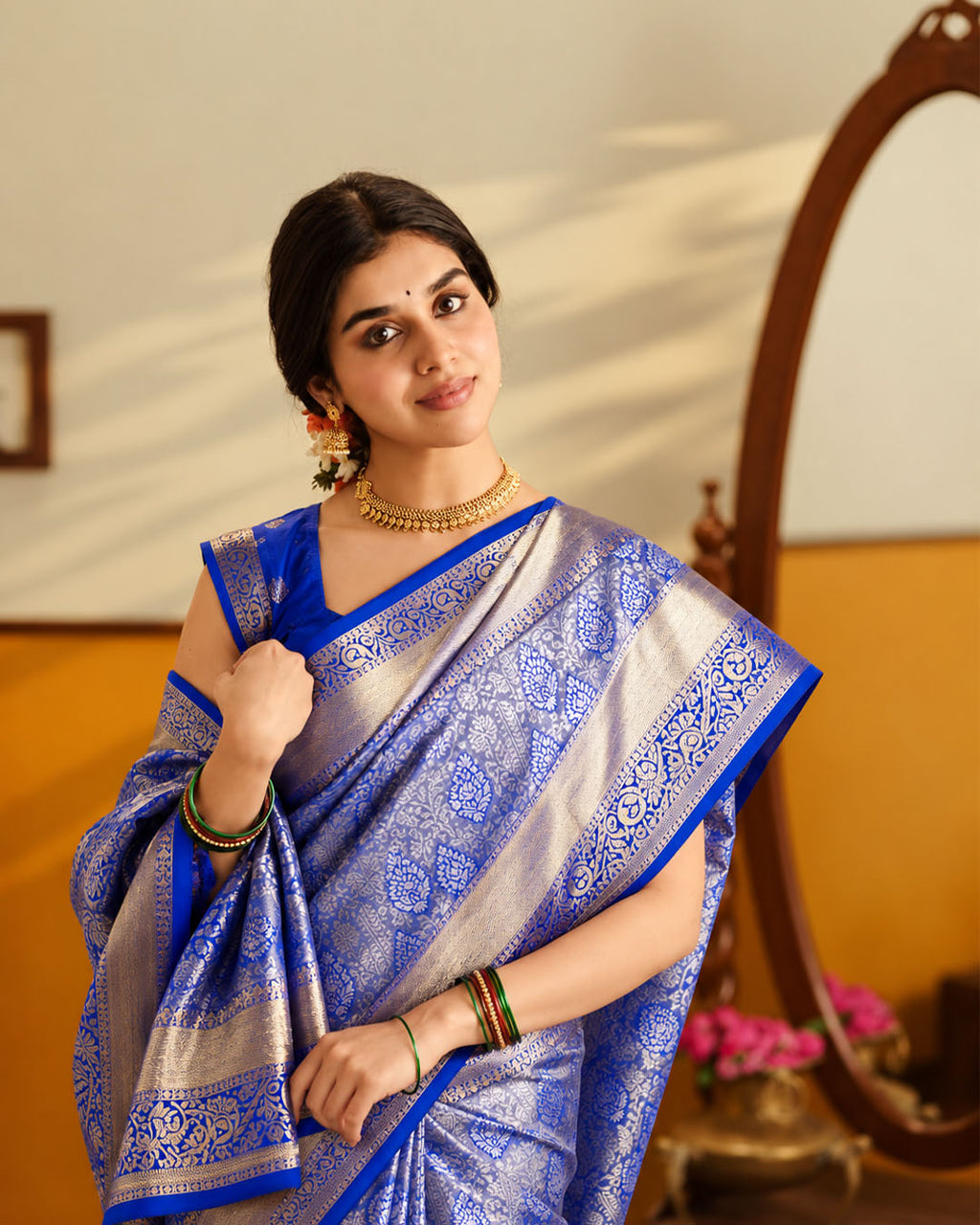 Blue Kanjivaram Silk Saree with Floral Buta Vine Jaal Weaves