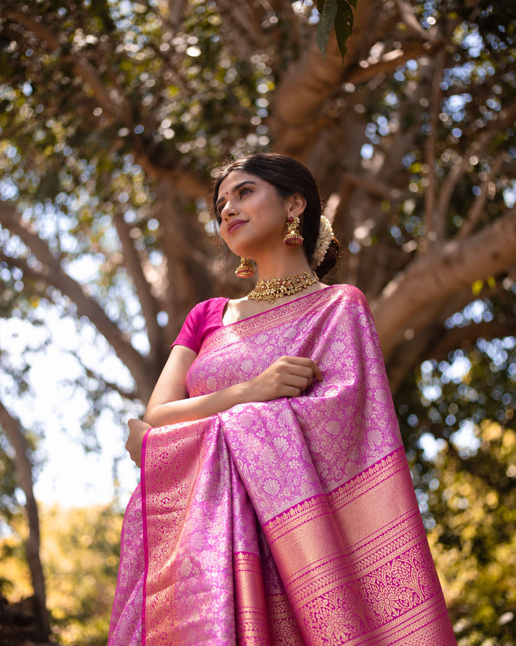 Orchid Pink Kanjivaram Silk Saree with Floral Jaal Weaving