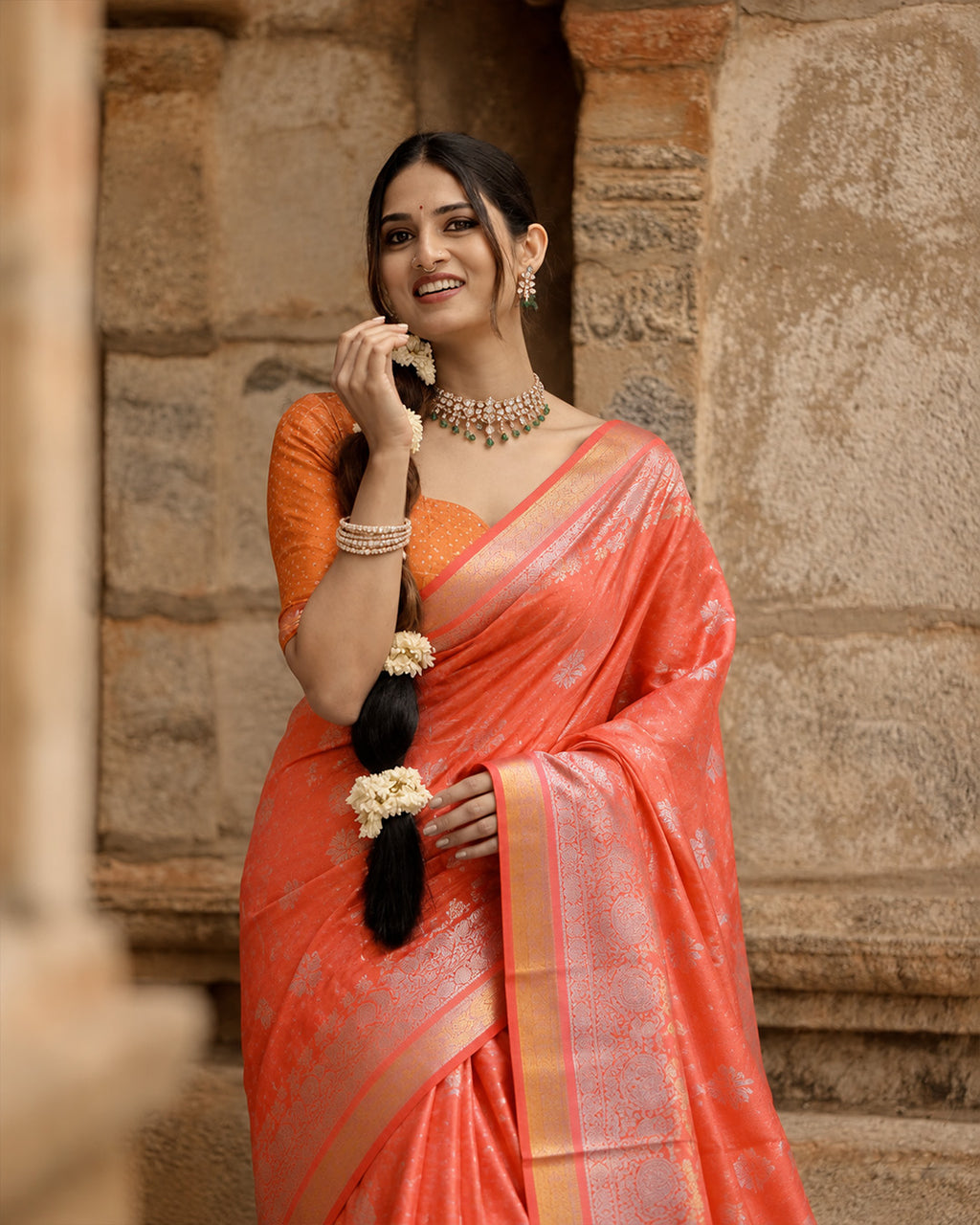 Silk Certified - 100% Pure Banarasi Silk Sunset Orange Saree
