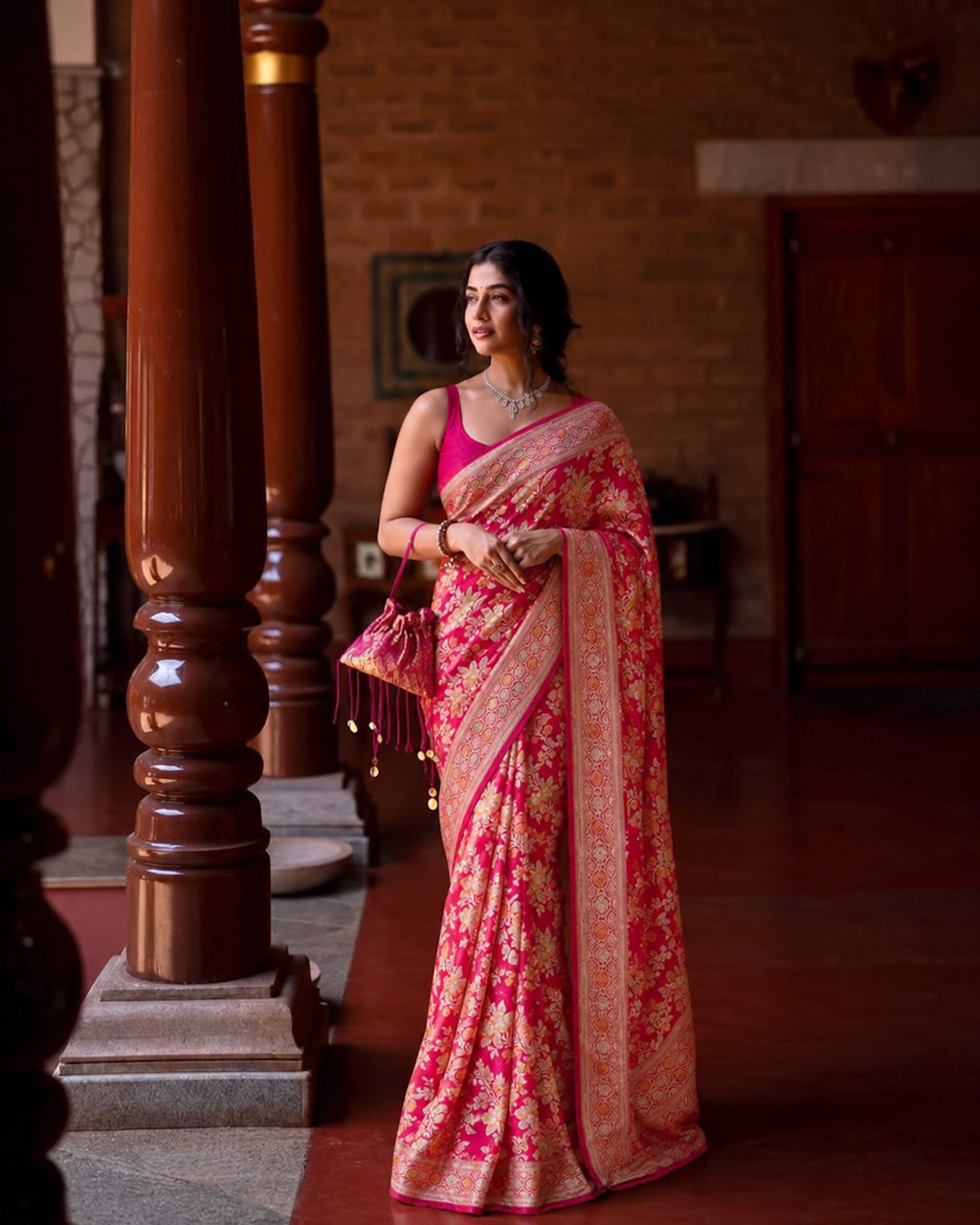 Rose Pink Handwoven 100% Pure Khaddi Georgette Saree with Water Zari