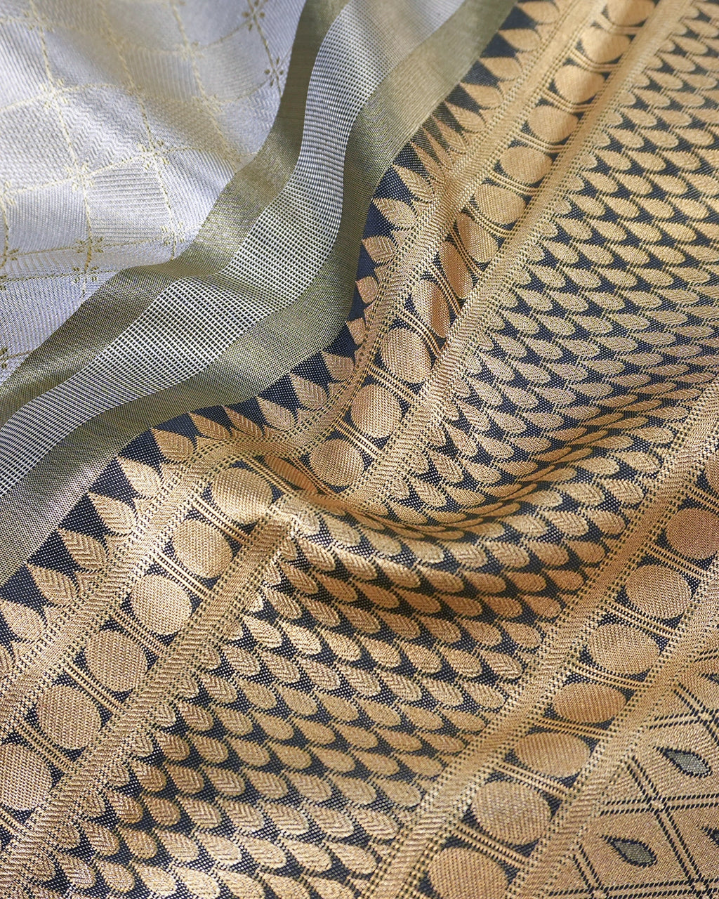 Silver Grey Kanjivaram Silk Saree with Subtle Checks and Zari Weaves