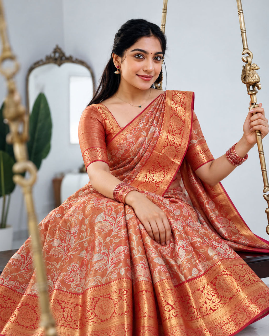 Red Kanjivaram Silk Saree with Floral Vine Weaving and Red Contrast Zari Border