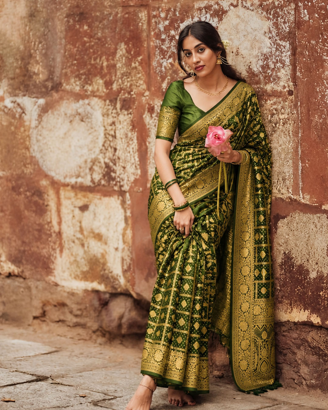 100% Pure Khaddi Georgette Dark Green Saree with Bandhej Weaves