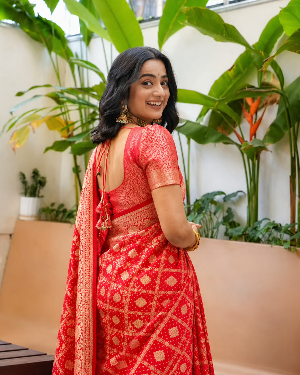 100% Pure Khaddi Georgette Red Saree with Bandhej Weaves