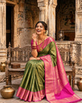 Olive Green Kanjivaram Silk Saree with Floral Jaal Weaving and Pink Border