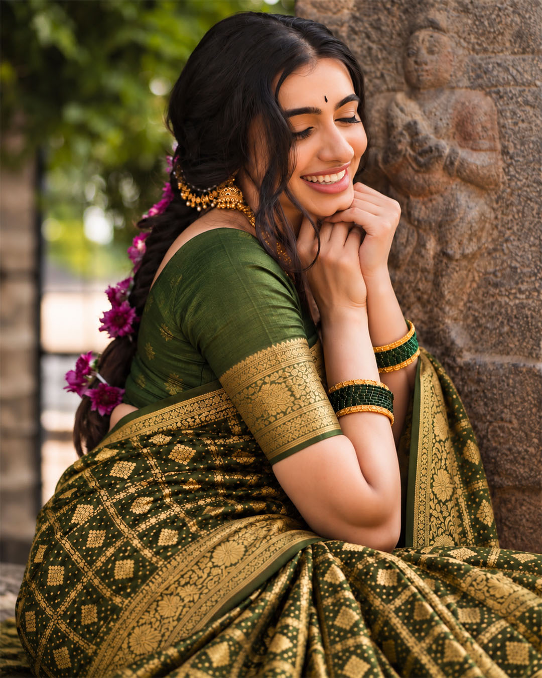 100% Pure Khaddi Georgette Dark Green Saree with Bandhej Weaves