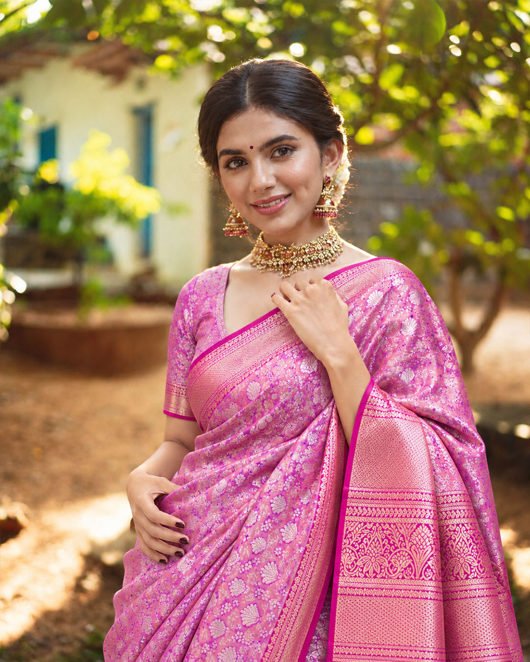 Orchid Pink Kanjivaram Silk Saree with Floral Jaal Weaving