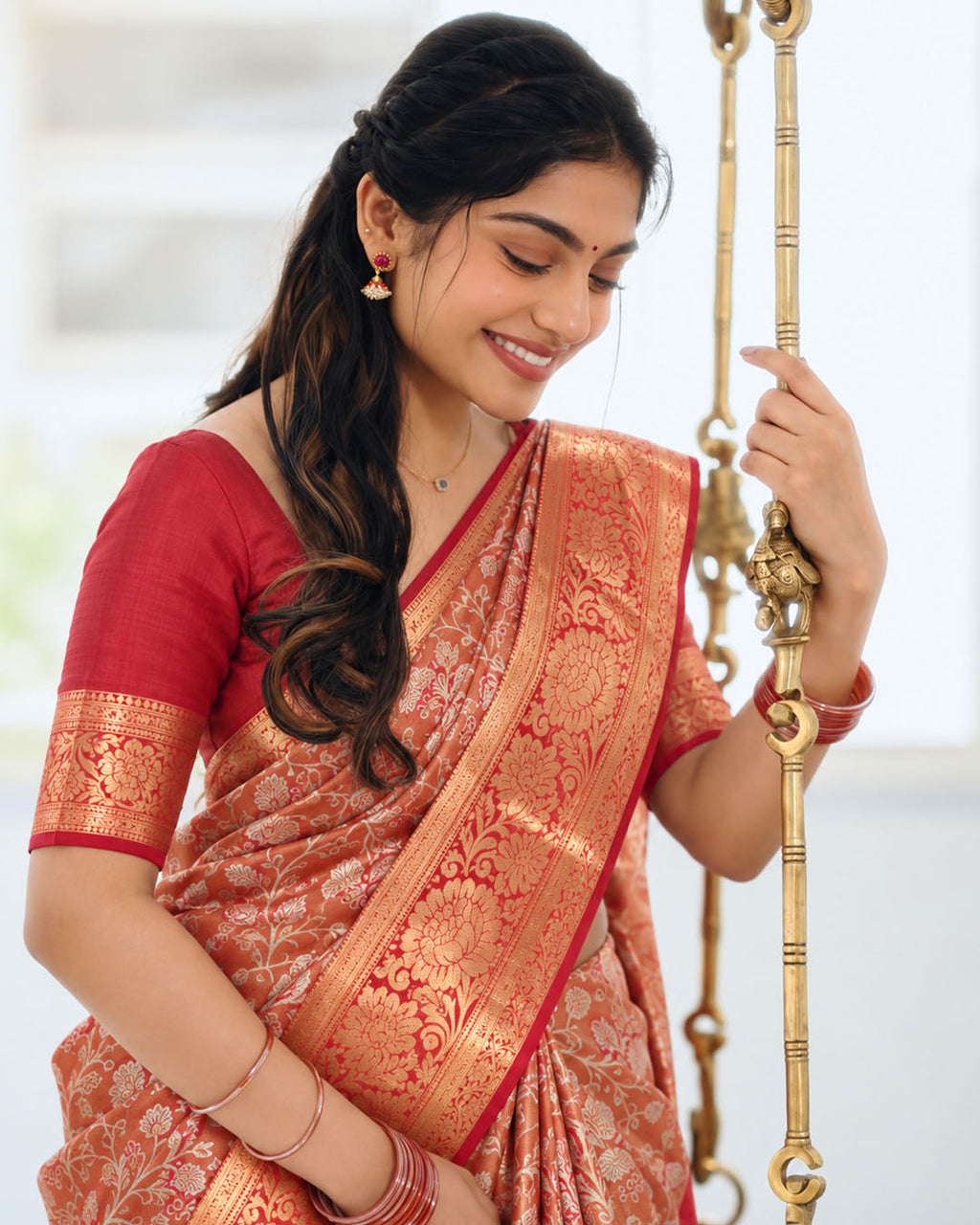 Red Kanjivaram Silk Saree with Floral Vine Weaving and Red Contrast Zari Border