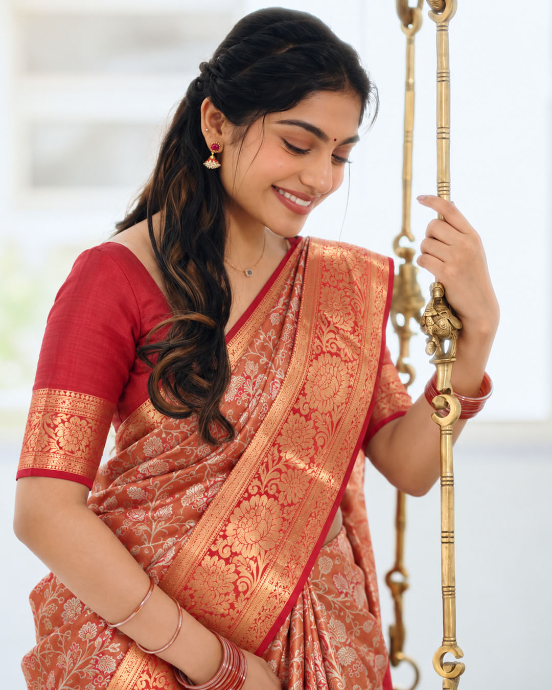 Red Kanjivaram Silk Saree with Floral Vine Weaving and Red Contrast Zari Border