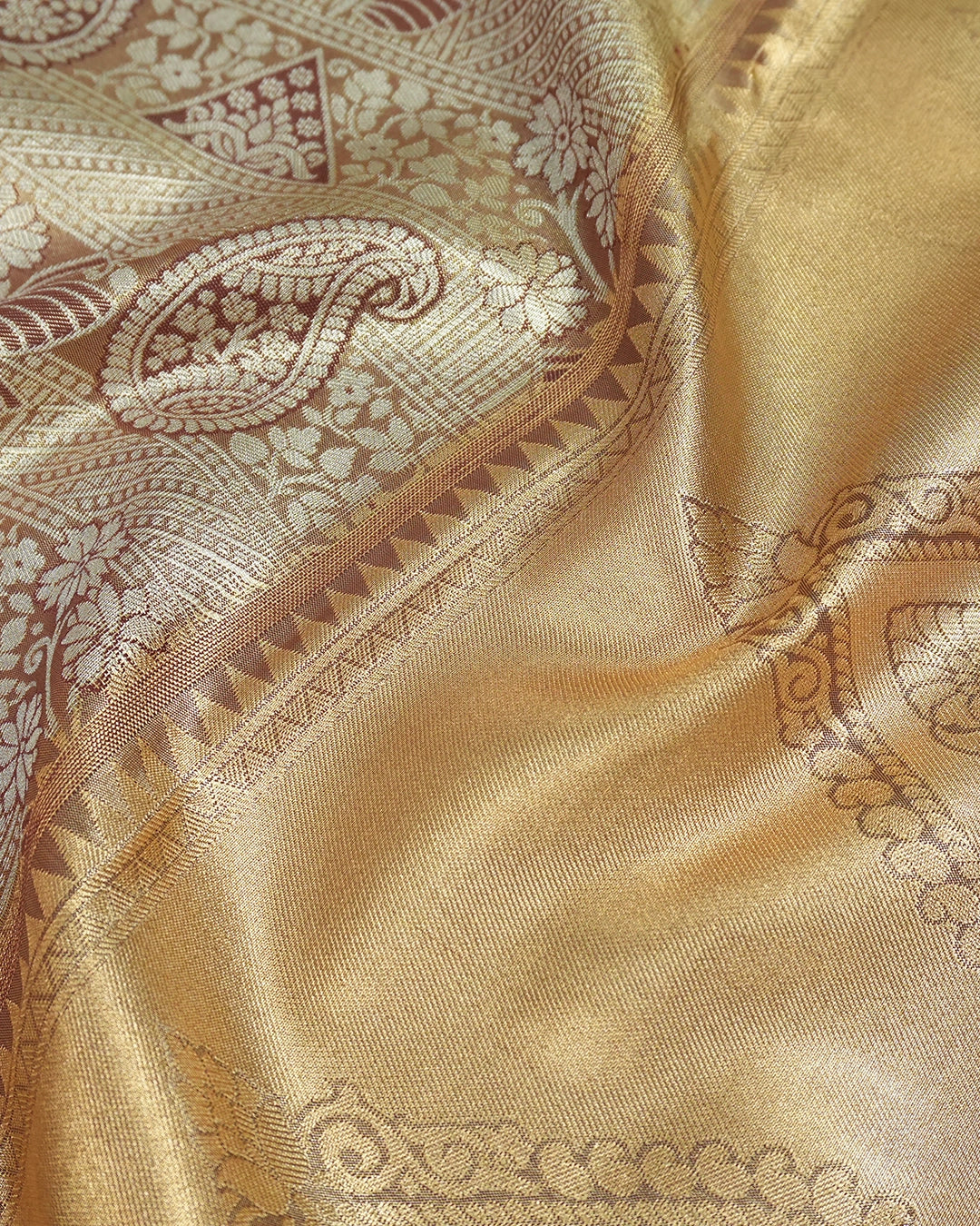 Champagne Beige Kanjivaram Silk Saree with Maroon Border and Floral Weaving