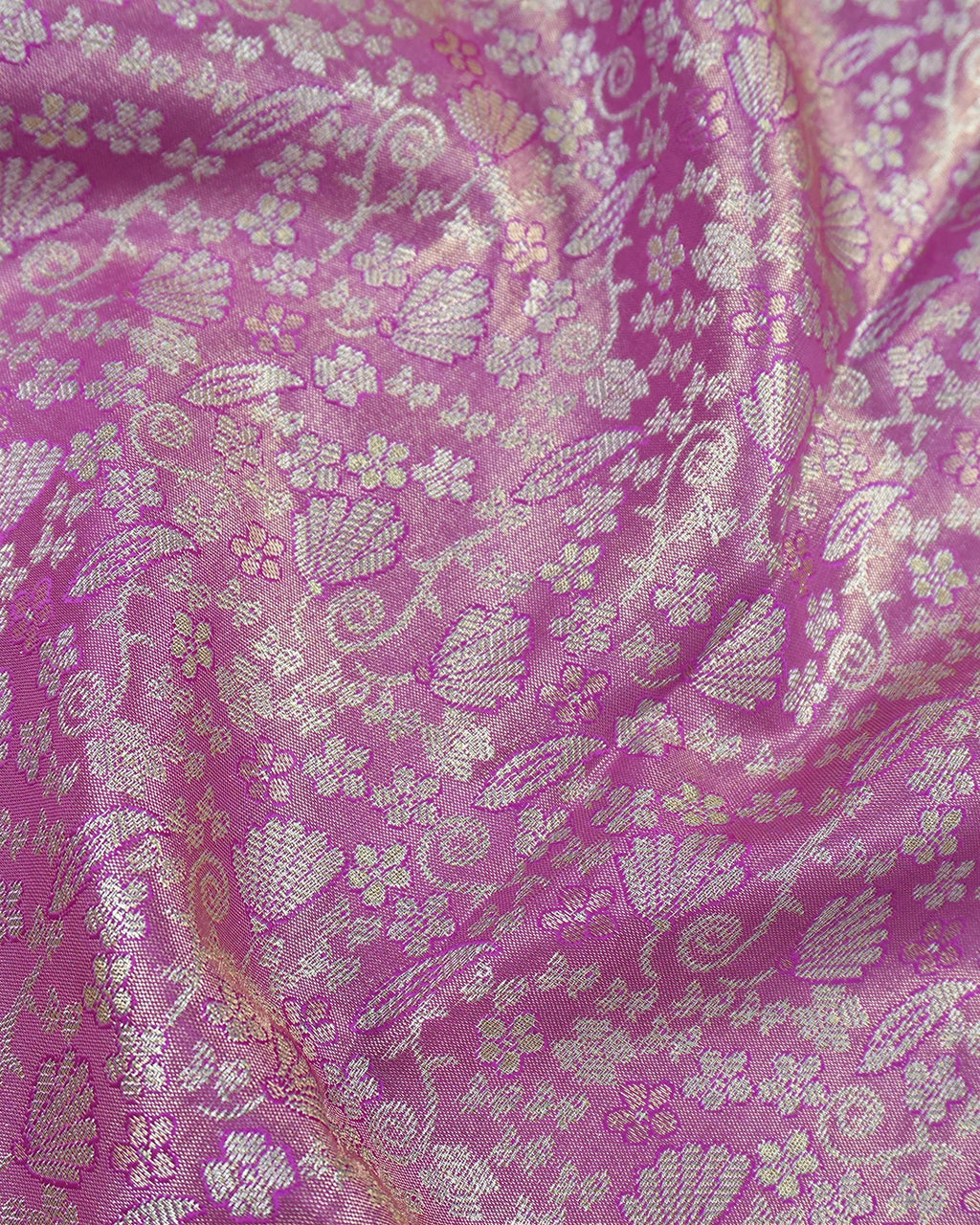 Lilac Kanjivaram Silk Saree with Intricate Floral Zari Motifs and Rich Pallu
