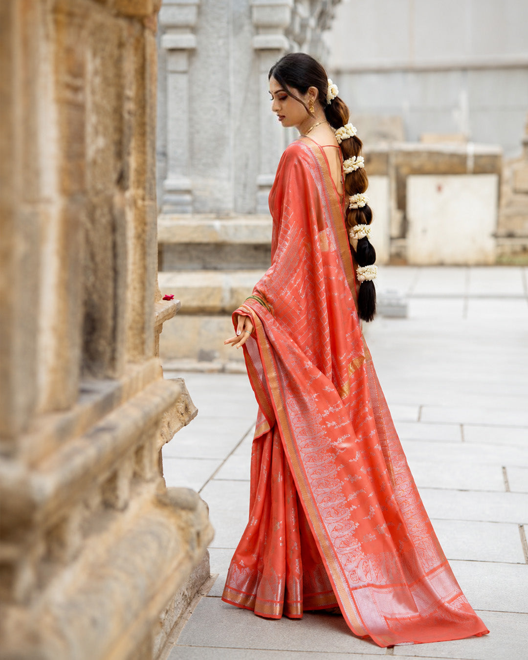 Silk Certified - 100% Pure Banarasi Silk Sunset Orange Saree