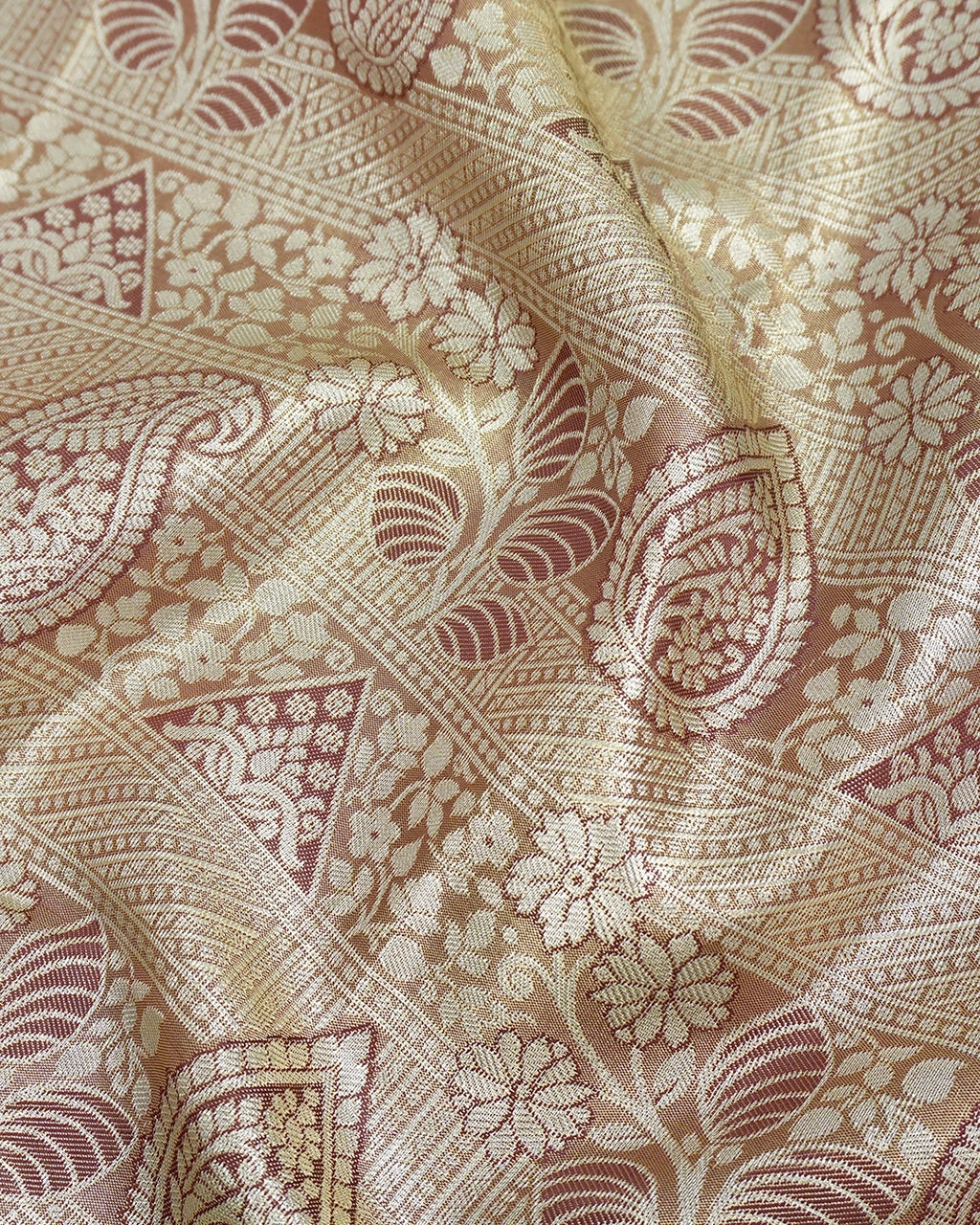 Champagne Beige Kanjivaram Silk Saree with Maroon Border and Floral Weaving