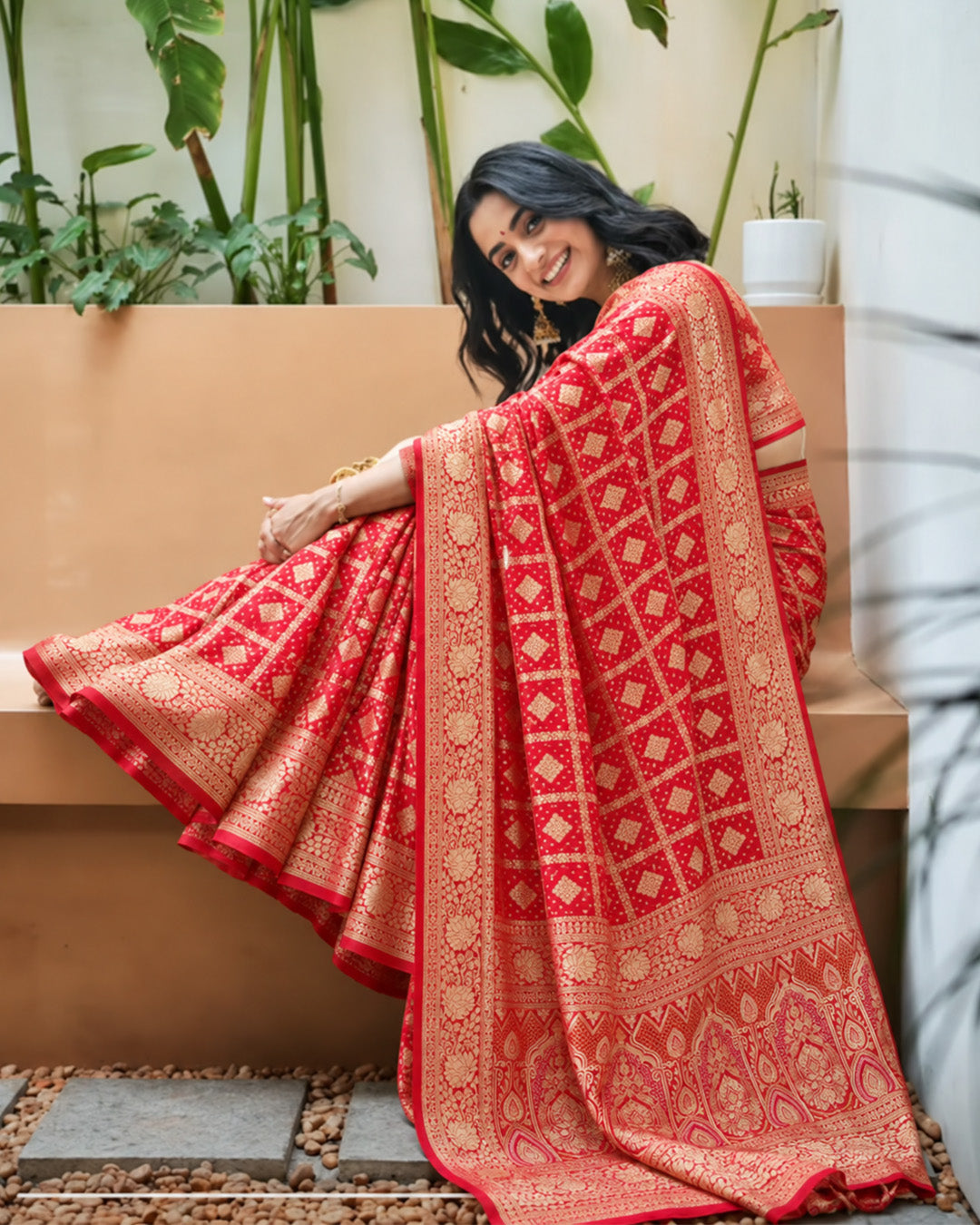 100% Pure Khaddi Georgette Red Saree with Bandhej Weaves