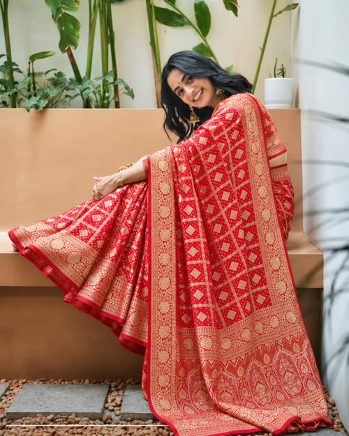 100% Pure Khaddi Georgette Red Saree with Bandhej Weaves